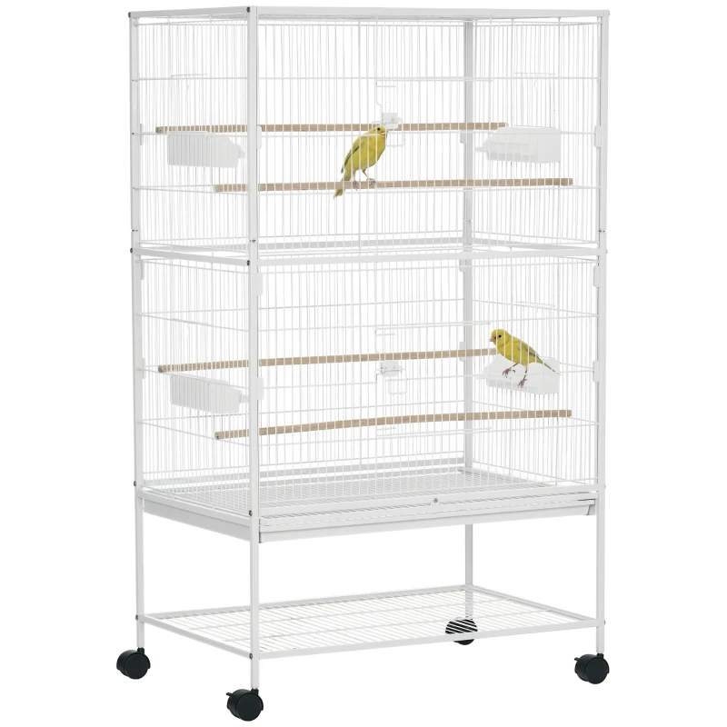 PawHut 52" Large Rolling Steel Bird Cage Bird House with Rolling Stand, Storage Shelf, Wood Perch, Food Container, White