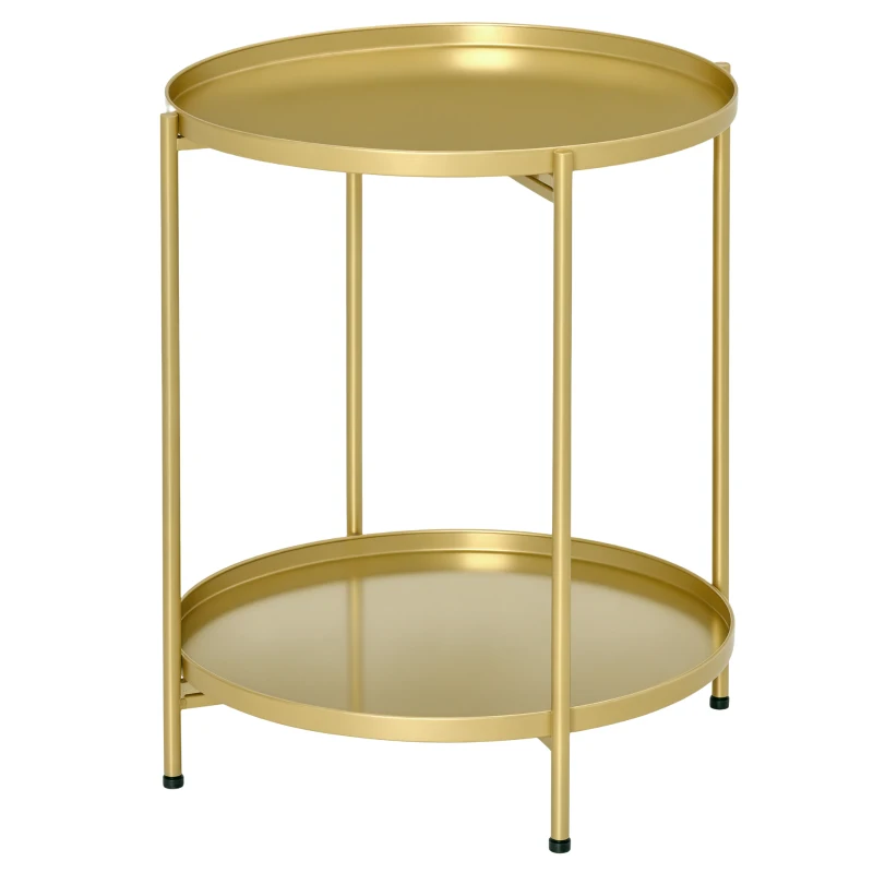 HOMCOM 2-Tier Gold Side Table, Round Nightstand with Removable Trays Folding Metal Frame Adjustable Foot End Table for Living Room Bedroom