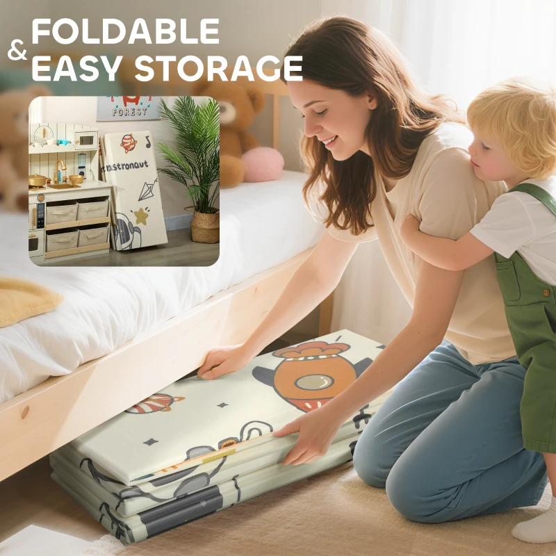 Qaba Double Sided Baby Play Mat, Reversible & Waterproof Foldable Crawling Mat, Astronaut & Planet Theme