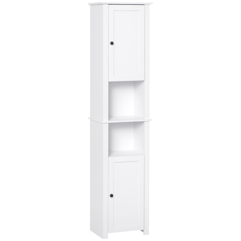 HOMCOM Tall Bathroom Storage Cabinet, Freestanding Linen Tower with 2-Tier Shelf and 2 Cabinets, Narrow Side Floor Organizer, White