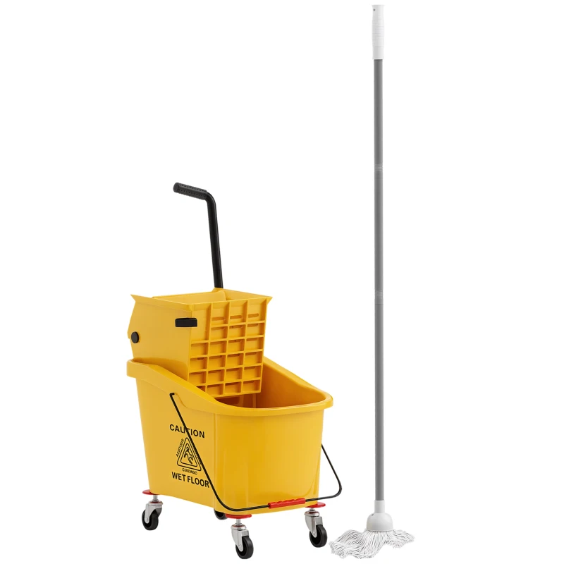 HOMCOM Mop Bucket with Wringer on Wheels for Floor Cleaning, 38 Quart Down Press Wringer with Handle, Yellow