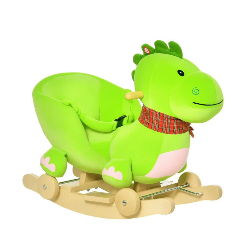 Qaba Baby Rocking horse Kids Interactive 2-in-1 Plush Ride-On Toys Stroller Rocking Dinosaur with Wheels and Nursery Song