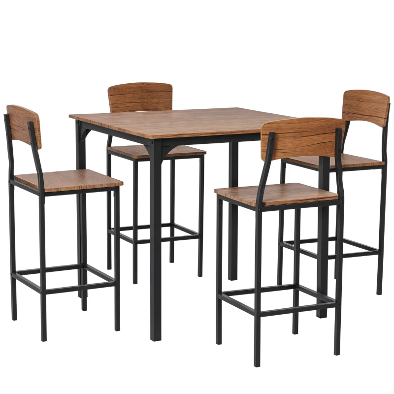 HOMCOM Counter Height Bar Table Set for 4, Square Kitchen Table and Chairs Set with Footrest, Metal Legs, Industrial Dinner Table Set for 4, Walnut