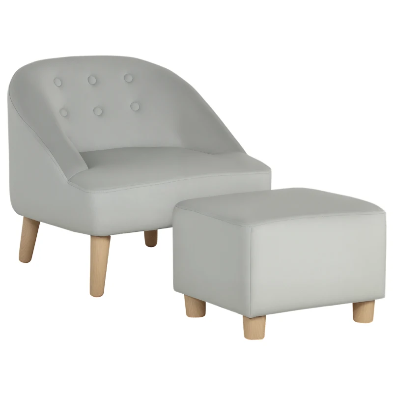 Qaba Kids Sofa Set, Toddler Chair, Sofa & Ottoman for Bedroom, Playroom, Children's Couch for 3-5 Years, Grey