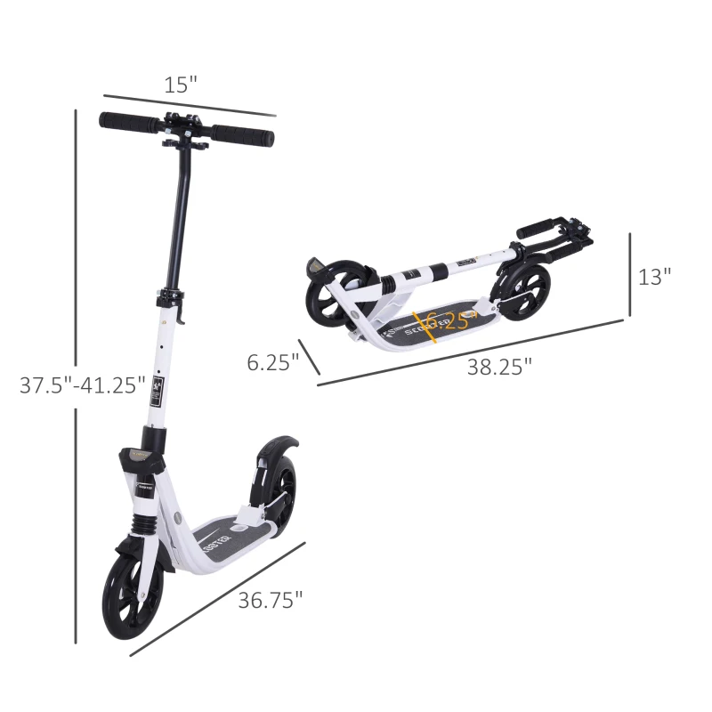 Soozier Foldable Kick Scooter with Adjustable Handlebar, Rear Brake, Dual Shock-Absorbing and Large Solid PU Tires Aluminum Frame for 14 Years Old and Up Teens Adult, White
