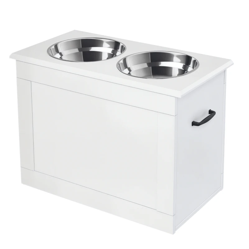 PawHut Raised Pet Feeding Storage Station with 2 Stainless Steel Bowls Base for Large Dogs and Other Large Pets, White