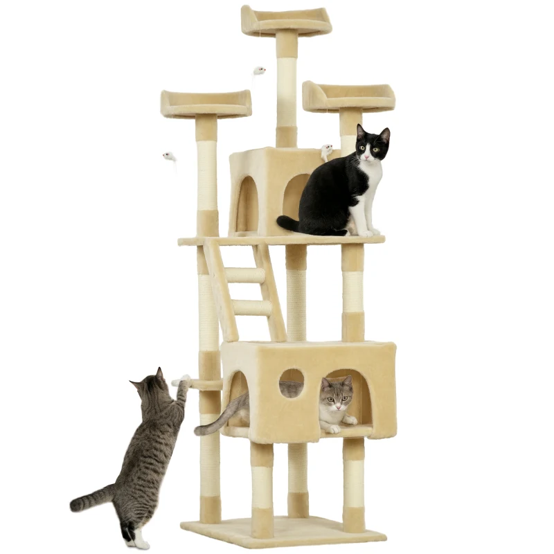 PawHut 71-Inch Multi Level Scratching Cat Tree Kitty Condo  Activity Center with Toys, Beige