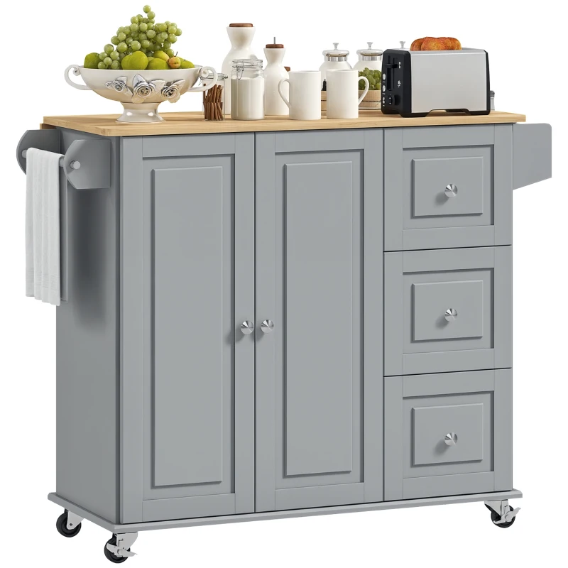 HOMCOM Kitchen Island on Wheels, Kitchen Cart with Drop Leaf, Drawers, Grey