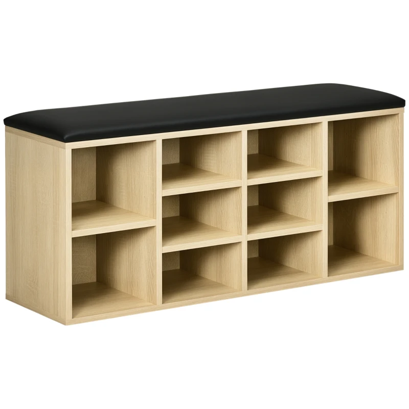 HOMCOM Wooden Shoe Bench with Padded Cushion, Storage Bench with 10 Compartments and Adjustable Shelves, Entryway Organizer for Hallway Living Room