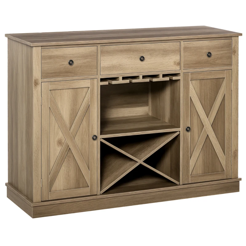 HOMCOM Farmhouse Coffee Bar Cabinet, Wine Cabinet with 3 Drawers, Sideboard Buffet Cabinet with X-Shaped Wine Rack and Stemware Holder, Rustic Oak Grain