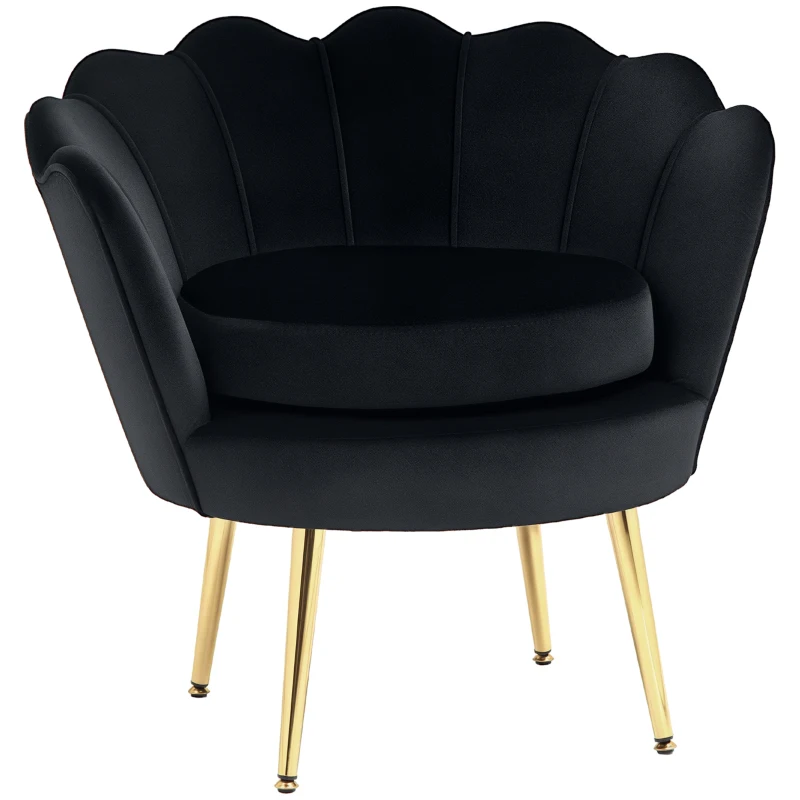 HOMCOM Modern Accent Chair, Velvet-Touch Fabric Leisure Club Chair with Gold Metal Legs for Bedroom, Black