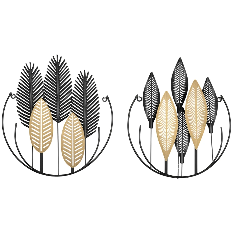 HOMCOM 3D Metal Wall Art Set of 2 Modern Leaves Hanging Wall Sculpture Home Decor for Living Room Bedroom Kitchen 16"x18", Black Yellow