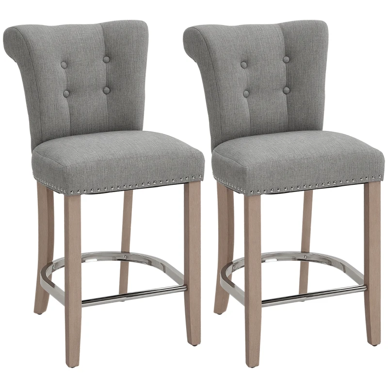 HOMCOM 26"Counter Height Bar Stools Set of 2, Linen Upholstered Tufted Dining Chairs with Steel Footrest, and Solid Wood Legs, Grey