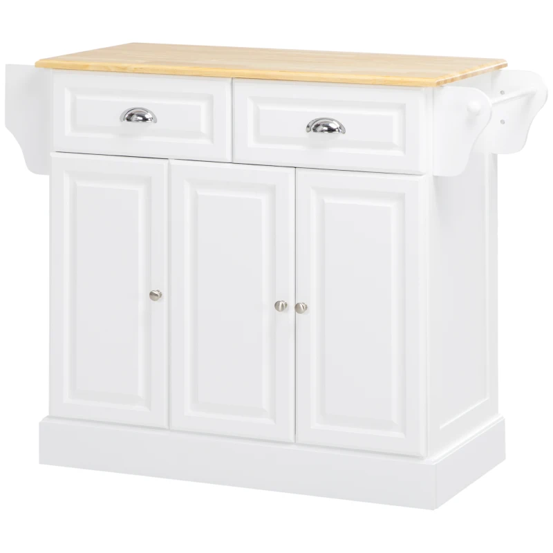 HOMCOM Kitchen Island with Storage Rolling Kitchen Serving Cart with Rubber Wood Top Towel Rack Storage Drawer Cabinet, White