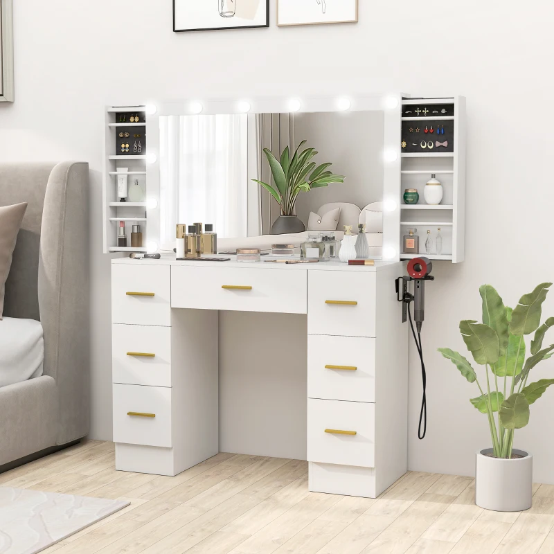 HOMCOM Makeup Vanity Desk with Mirror and Lights, Dressing Table with 7 Drawers, 6 Hidden Sliding Storage Compartments, White