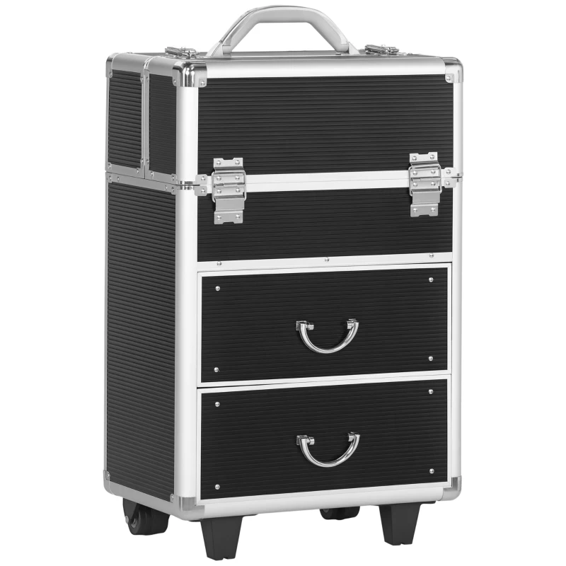 HOMCOM Aluminum Rolling Makeup Case, Portable Professional Cosmetic Makeup Case, Lockable Traveling Cart Trunk with Folding Trays, Swivel Wheels and Keys, Black