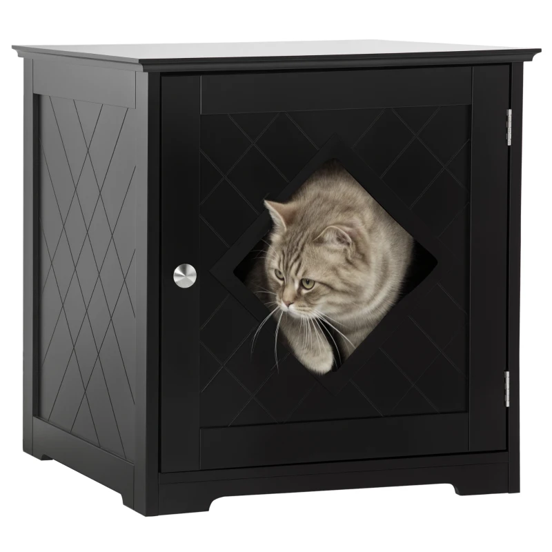 PawHut Cat Litter Box Enclosure End Table, Indoor Cat Washroom with Magnetic Door, Hidden Litter Box Nightstand with Large Tabletop, Easy Assembly, Black
