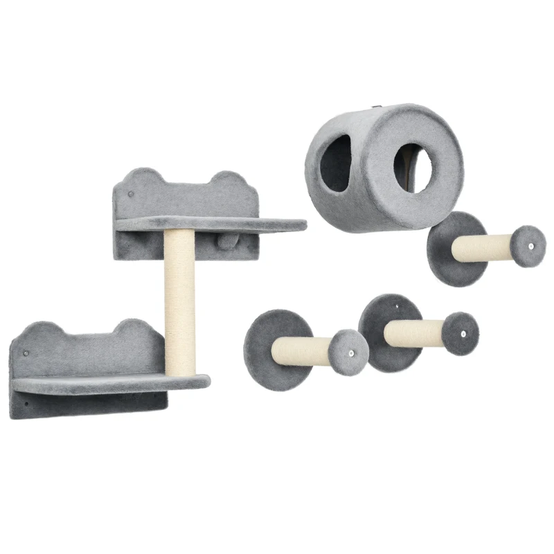 PawHut 5PCs Cat Wall Shelves, Pet Wall-mounted Climbing Shelf Set, Kitten Activity Center with Condo, Cushion, Scratching Post, Jumping Platform, Gray
