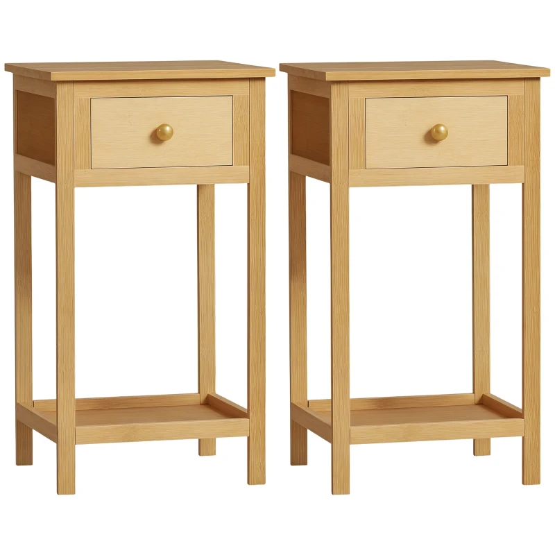 HOMCOM Bamboo Side Table with Drawer and Storage Shelf, Slim End Table Nightstand for Small Spaces, Natural