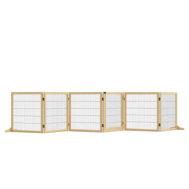 PawHut Wooden Pet Gate, Dog Safety Barrier, Freestanding Foldable Fence, w/ 6 Panels, 2 Support Feet, for House Doorway Stairs, Small & Medium Dogs, Natural Wood