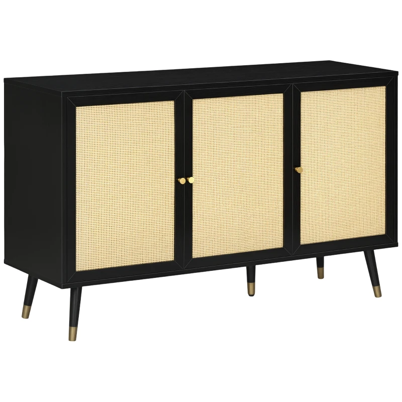 HOMCOM Kitchen Sideboard Cabinet, Boho Storage Cabinet with Shelves, Wood Legs, Decorative Rattan Doors, Black