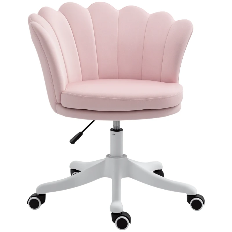 HOMCOM Adjustable Height Study Chair, Mid Back Velvet Office Chair with Swivel Wheels for Living Room, Study, Pink
