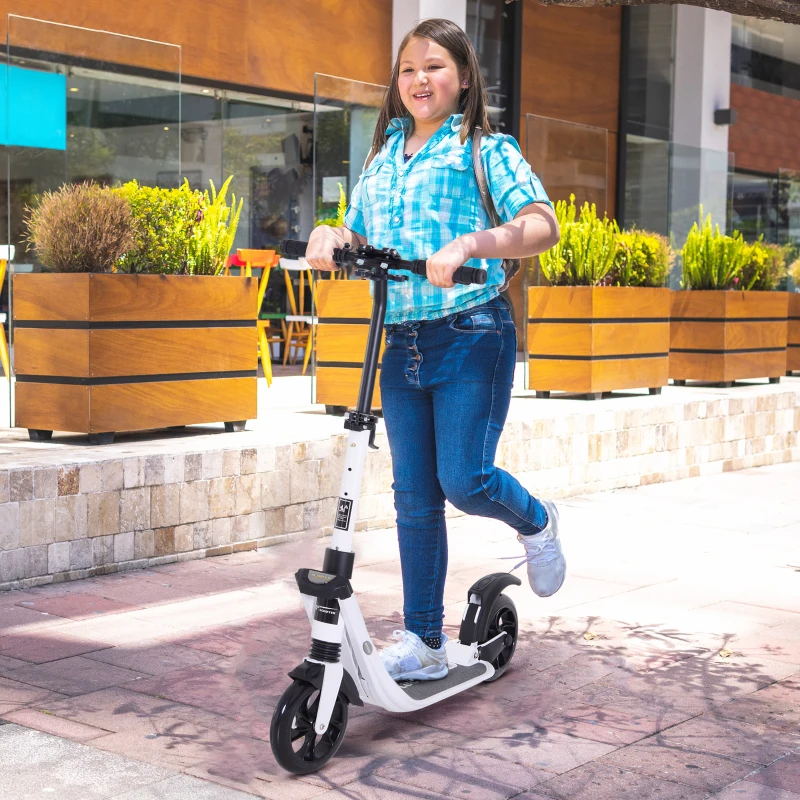 Soozier Foldable Kick Scooter with Adjustable Handlebar, Rear Brake, Dual Shock-Absorbing and Large Solid PU Tires Aluminum Frame for 14 Years Old and Up Teens Adult, White
