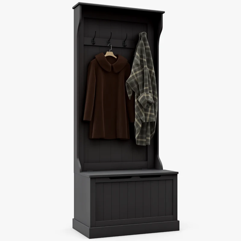 HOMCOM Entryway Hall Tree with Coat Rack and Sitting Bench, Mudroom Bench with Storage and Hooks, Black
