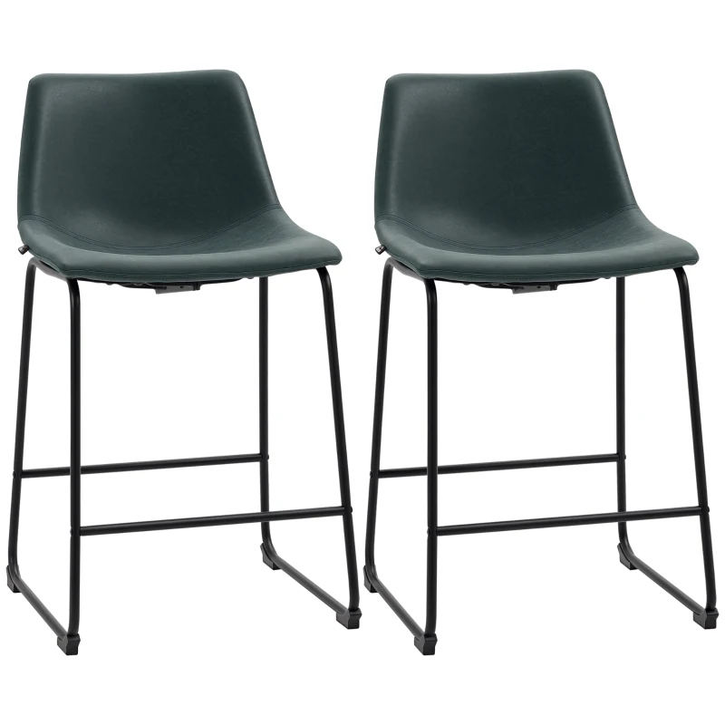 HOMCOM Counter Height Bar Stools Set of 2, Vintage PU Leather Bar Chairs, Kitchen Stool with Footrest for Home Bar Green
