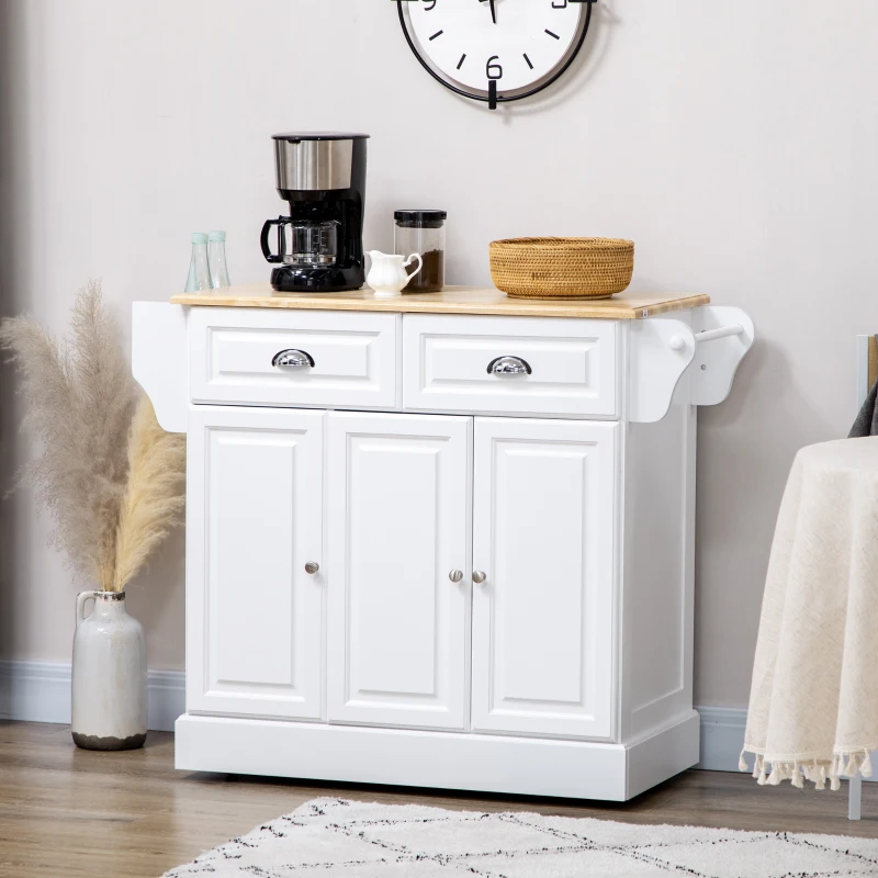HOMCOM Kitchen Island with Storage Rolling Kitchen Serving Cart with Rubber Wood Top Towel Rack Storage Drawer Cabinet, White
