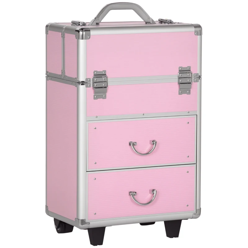 HOMCOM Rolling Makeup Case, Large Storage Cosmetic Trolley, Lockable Traveling Cart Trunk with Folding Trays, Swivel Wheels