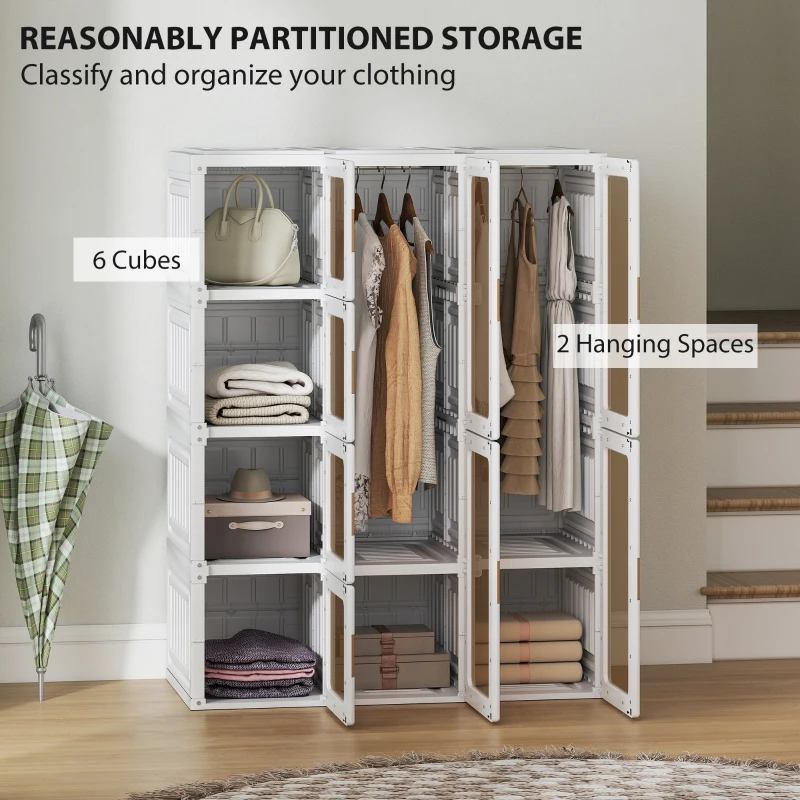 HOMCOM Portable Wardrobe, Foldable Plastic Closet with 8 Compartments, 2 Hanging Rods and Magnetic Clear Doors, Brown