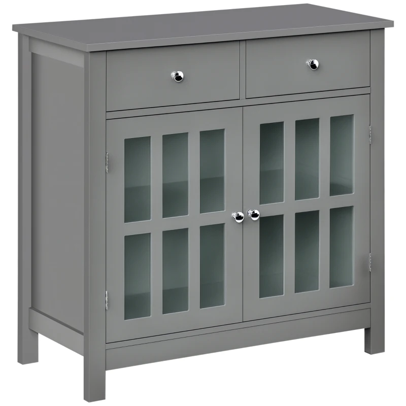 HOMCOM Sideboard Buffet Cabinet, Accent Kitchen Cabinet with Glass Doors, Adjustable Shelf and 2 Drawers for Kitchen, Gray