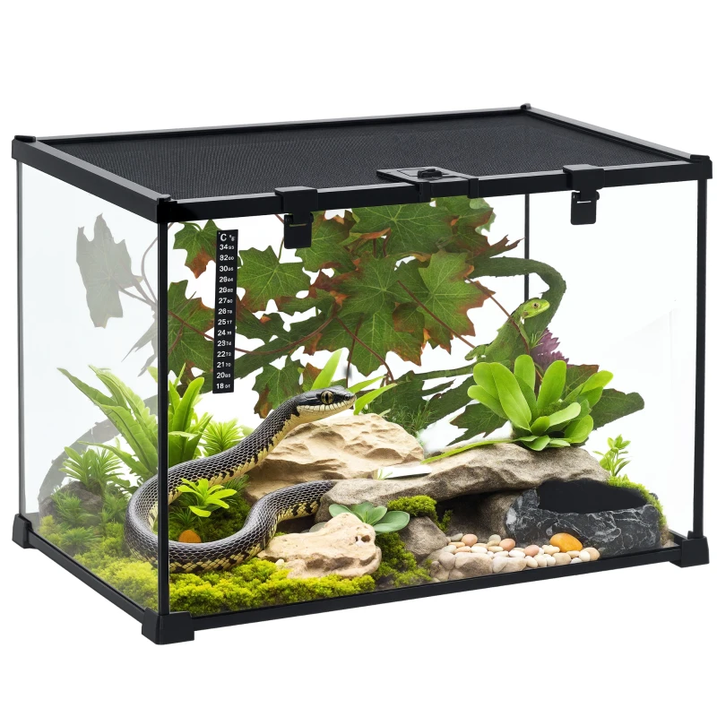 PawHut 14 Gallon Glass Reptile Terrarium Tank, Box Full View with Sliding Screen Top, 20" x 12" x 14", Black
