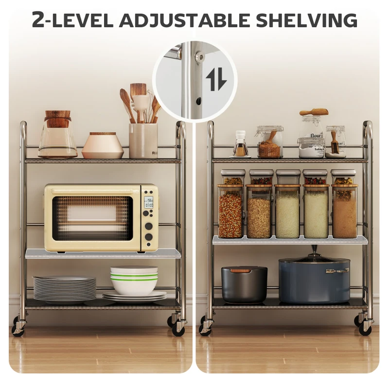 HOMCOM 3 Tier Stainless Steel Rolling Cart with Adjustable Shelf, Utility Cart on Wheels with Handles for Kitchen, Silver