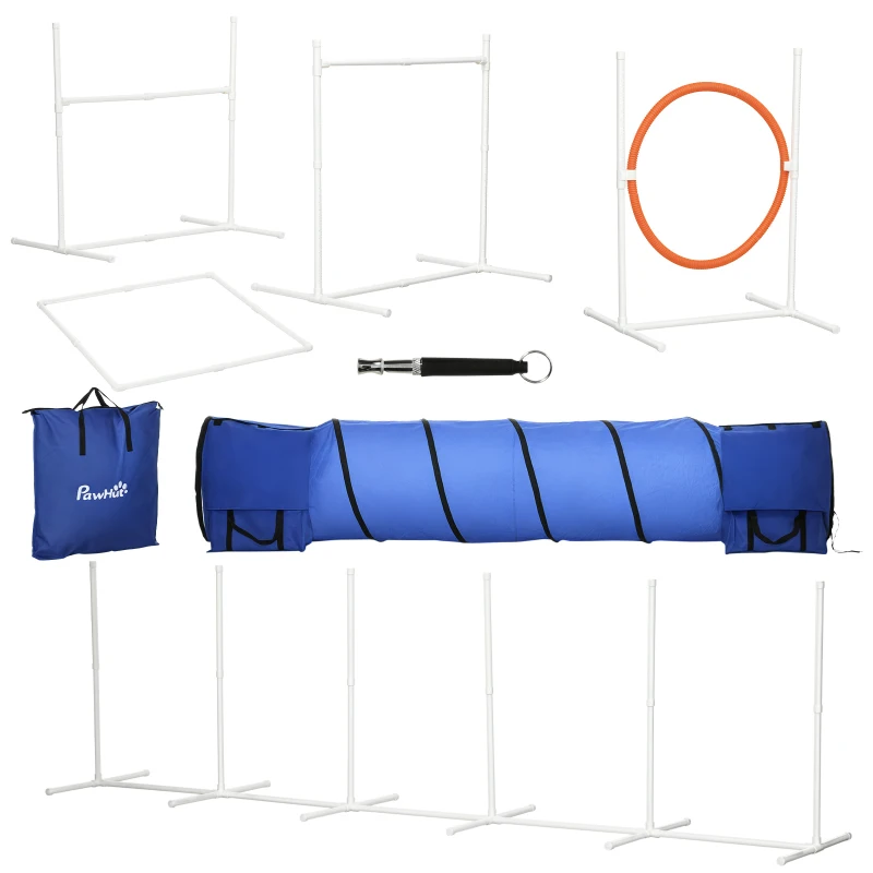 PawHut Dog Agility Training Equipment with 9.8' Tunnel & Canine Whistle, Dog Obstacle Course for Backyard with Pause Box, Includes Dog Agility Tunnel, Agility Jumps, Weave Poles, 8-Piece