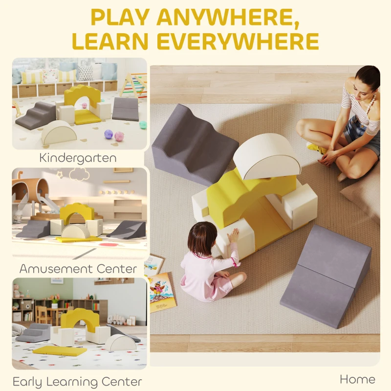 Qaba 7-Piece Baby Soft Play Set, Indoor Soft Play Gym Activity Play Set for Crawling, Sliding and Playing, Yellow