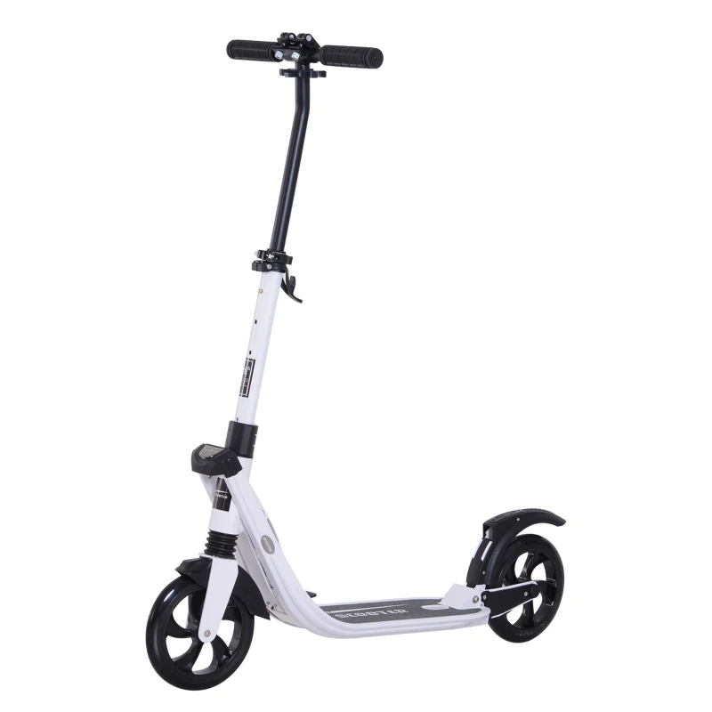 Soozier Foldable Kick Scooter with Adjustable Handlebar, Rear Brake, Dual Shock-Absorbing and Large Solid PU Tires Aluminum Frame for 14 Years Old and Up Teens Adult, White