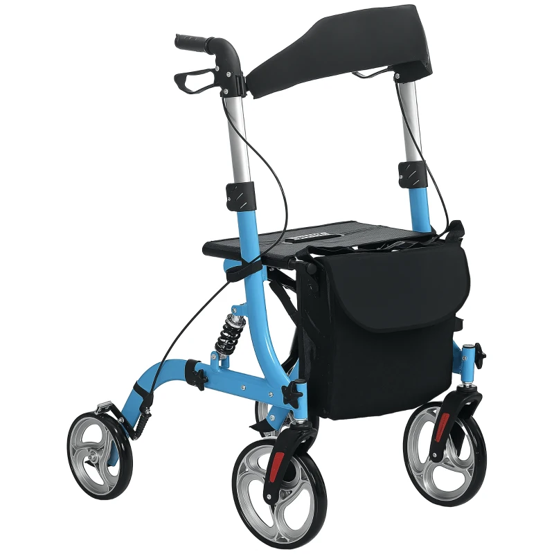 HOMCOM Rollator Walker with Seat and Backrest, Height Adjustable Aluminum Rolling Walker with 10'' Front Wheels, Storage Bag, Lightweight Mobility Walking Aid for Seniors, Adults, 300lb Capacity, Blue