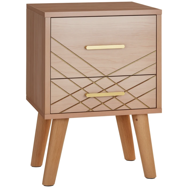 HOMCOM Scandinavian Bedside Table, Side End Table with 2 Drawers and Wood Legs, 13.8" x 12.6" x 20.3", Natural