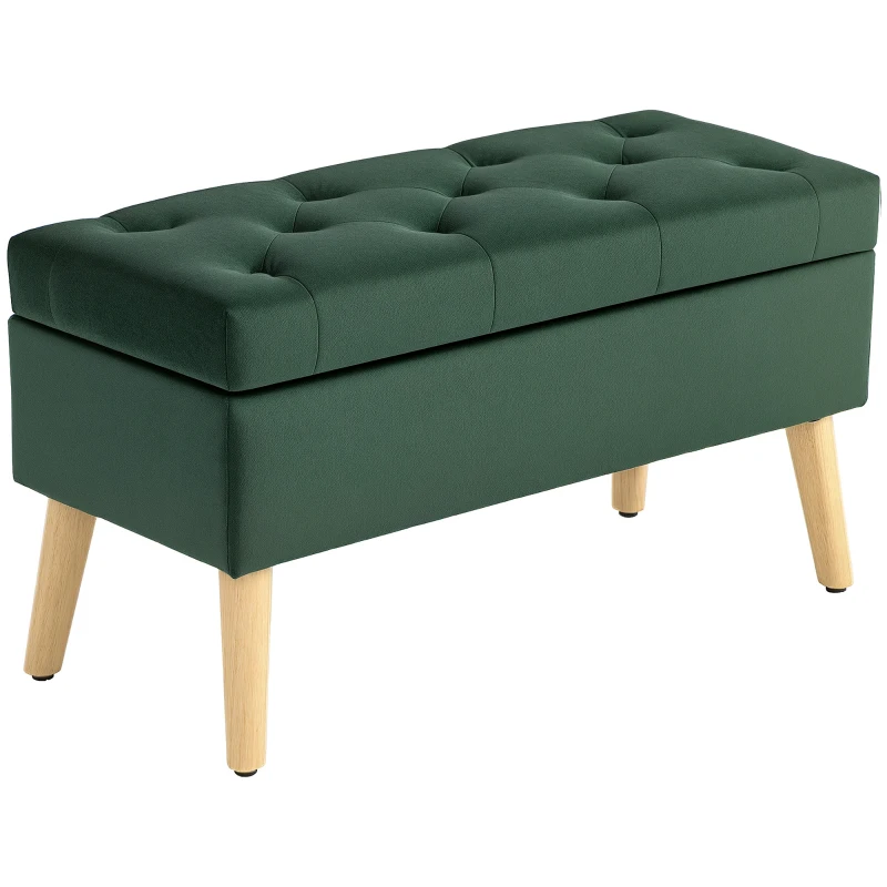 HOMCOM Storage Ottoman with Lid, Velvet Upholstered Storage Bench with Wood Legs for Living Room, Dark Green