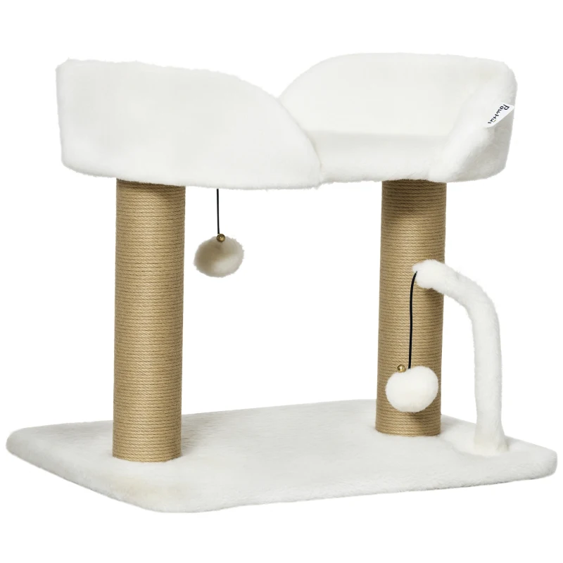 PawHut Cat Tower Condo for Indoor Cats, Small Cat Tree with Jute Scratching Posts, Top Perch, Dangling Balls, White