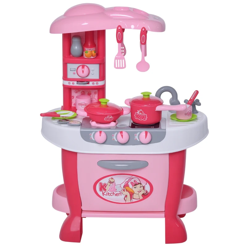 Qaba Kids Kitchen Set Kitchen Playset Pretend Toy Children Role Play Game Toy with Light & Sound Function  38Pcs Toy Accessories - Pink