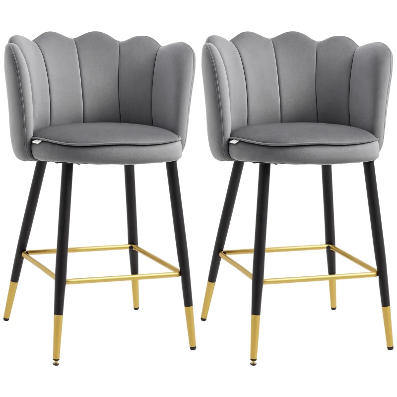 HOMCOM Bar Stools Set of 2 Modern Counter Height Bar Stools with Back, Footrest for Home Kitchen, 23.2"x20.5"x35.4", Grey