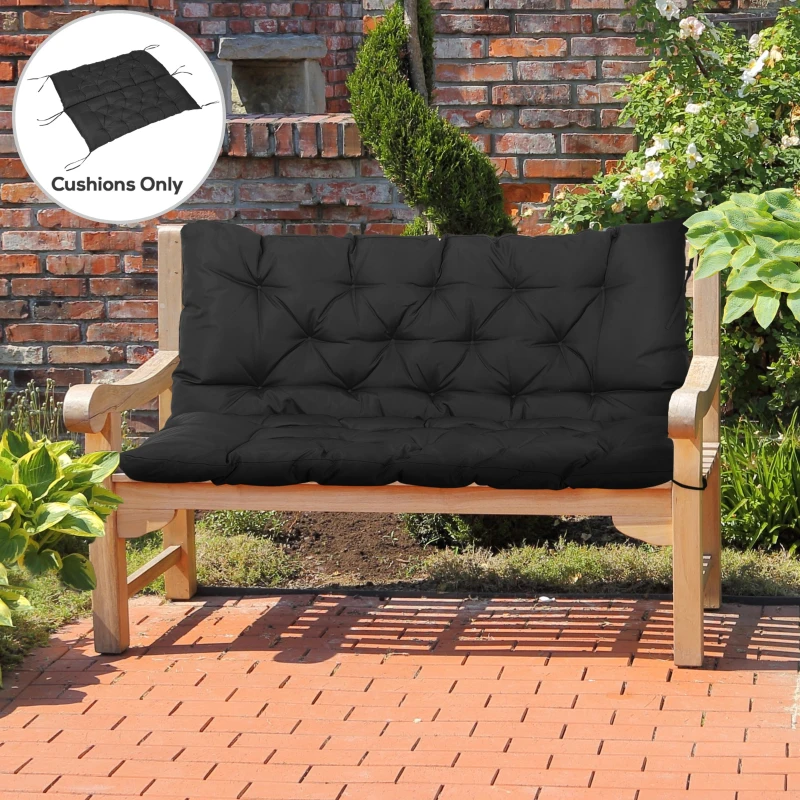 Outsunny 2 Seater Garden Bench Cushion, Thick Outdoor Non-Slip 2 Seater Soft Pad With Backrest for Garden Patio, 47" x 43" x 5", Black