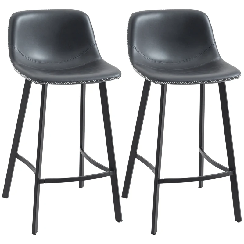 HOMCOM 27.25" Counter Height Bar Stools, Industrial Kitchen Stools, Upholstered Armless Bar Chairs with Back, Steel Legs, Set of 2, Black