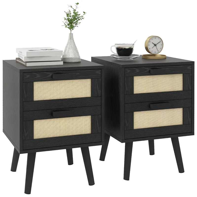 HOMCOM Boho Nightstands Set of 2, Bedside Tables with 2 Drawers for Living Room, Bedroom, Black