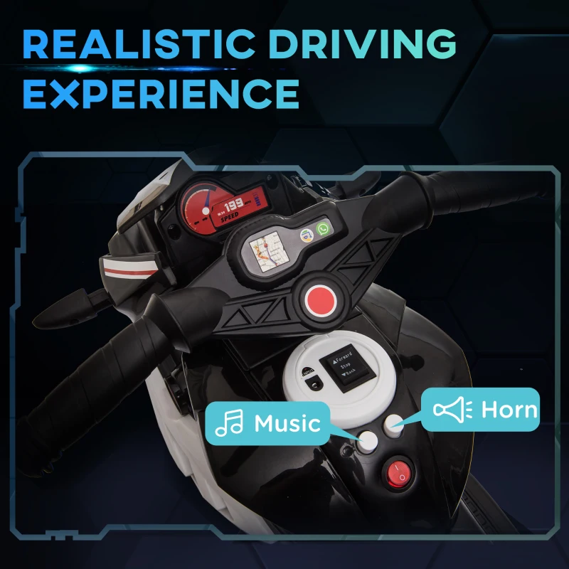 Qaba Kids Electric Motorcycle Ride-On Toy with 3 Wheels, Music, Horn, Lights, Black