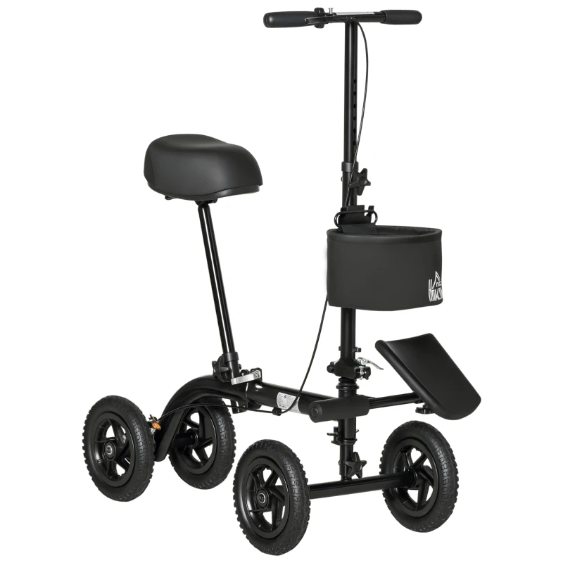 HOMCOM Seated Walker, Foldable Steerable Medical Scooter, Compact Crutch Alternative with Braking System and Storage Bag, Black