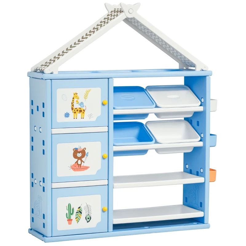 Qaba Kids Toy Storage Organizer with 4 Bins, Storage Cabinets, Bookshelf and 4-Layers Toy Collection Shelves, Blue